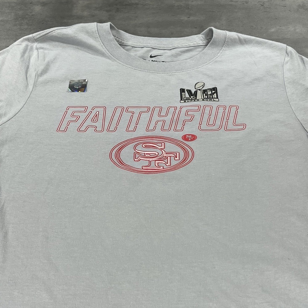 Nike SF 49ers T-Shirt Womens Medium Grey Super Bowl LVIII Faithful Graphic Tee